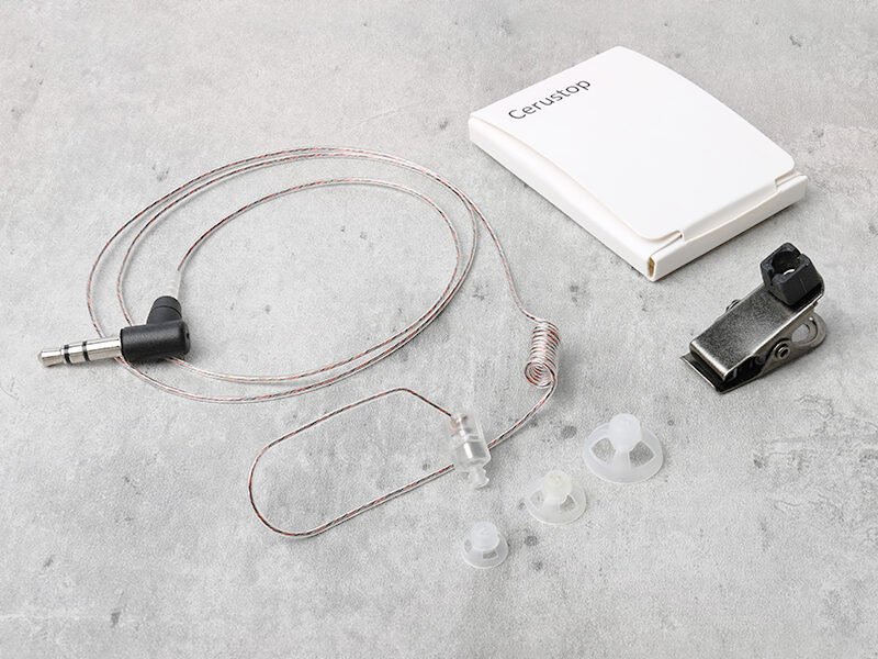 E-47 Police Earpiece for Motorola Walkie Talkie, clear acoustic tube earpiece with 3.5mm connector, replaceable ear tips, lapel clip and Cerustop filter.