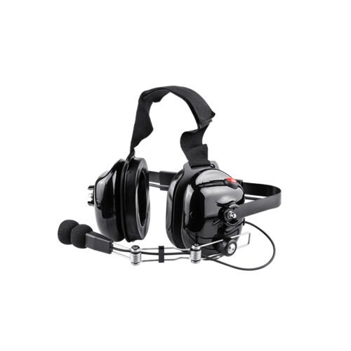 B-51Q 2-Wege-Funksprechgarnitur mit Metallarm und Mikrofon B-51Q 2 Way radio headset in black with padded ear cups, adjustable head strap, and boom microphone with foam windscreen.