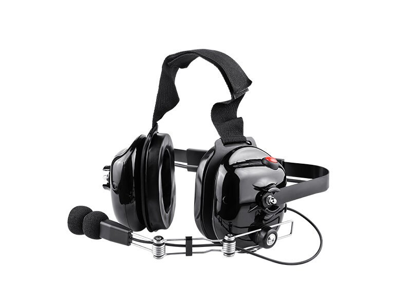 B-51Q 2 Way radio headset in black with padded ear cups, adjustable head strap, and boom microphone with foam windscreen.