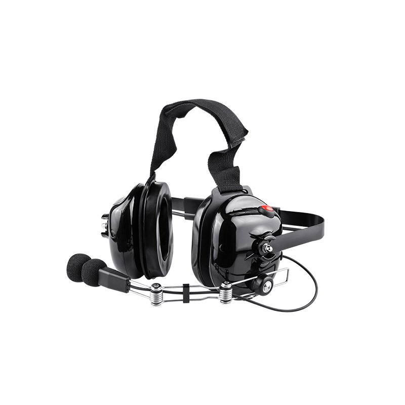 B-51Q 2-Wege-Funksprechgarnitur mit Metallarm und Mikrofon B-51Q 2 Way radio headset in black with padded ear cups, adjustable head strap, and boom microphone with foam windscreen.