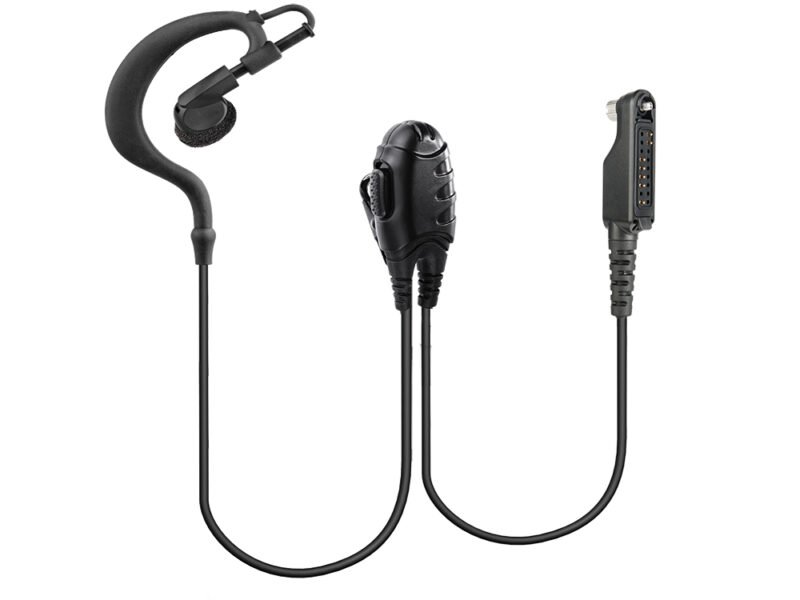 EM-2023V auricular walkie talkie com gancho em forma de G EM-2023V Walkie Talkie Earpiece and Microphone with G-shaped ear hook, designed for hands-free two-way radio communication.
