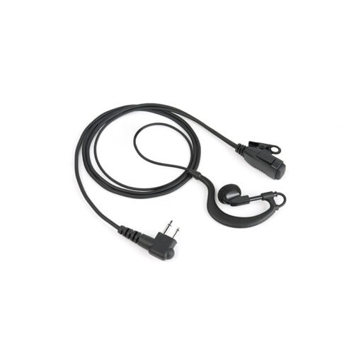 EM-2027 Auscultador para Walkie Talkie EM-2027 G-Hook earpiece for walkie talkie, featuring a push-to-talk (PTT) button and M1 connector, compatible with popular Motorola radios