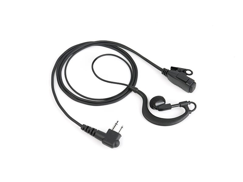 EM-2027 G-Hook earpiece for walkie talkie, featuring a push-to-talk (PTT) button and M1 connector, compatible with popular Motorola radios