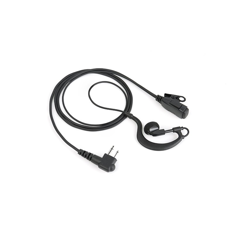 EM-2027 Auscultador para Walkie Talkie EM-2027 G-Hook earpiece for walkie talkie, featuring a push-to-talk (PTT) button and M1 connector, compatible with popular Motorola radios