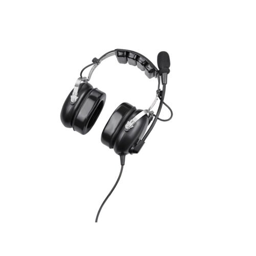 PH-100 aviation headphones with flexible boom mic, padded headband, and cable connection, full view on white background