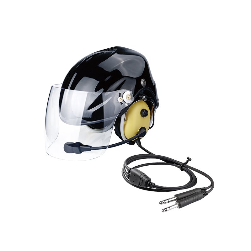PH-HM100 aviation helmets with headsets, black over-ear communication headset with boom microphone, and padded headband.