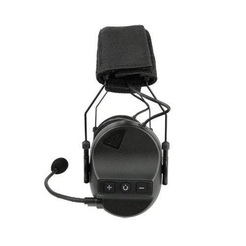 Side view of RE10 black military-grade headset showing volume and power buttons