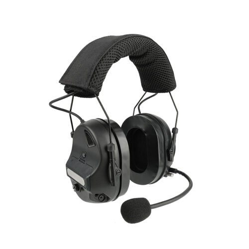 45 degree angle view of All-black tactical headset RE10