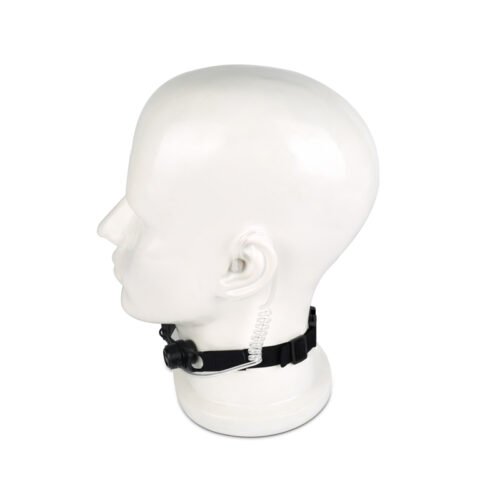 RTM-0340 throat microphone securely worn on the model's neck, side view, with invisible acoustic tube earpiece on the model's ear