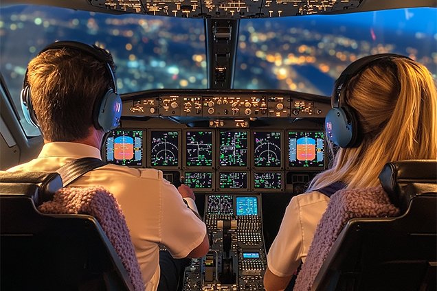 Captain and co-pilot wearing aviation headsets inside the aircraft cockpit