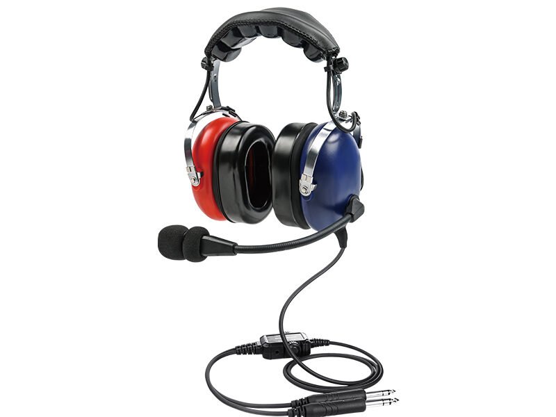 PH-100AK children's airplane headsets with red and blue contrasting earcups and straight cable.