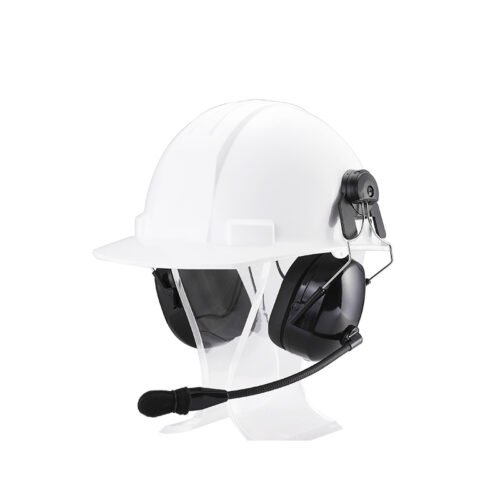 RAN-3100Q two way radio headphones designed for helmet mounting, featuring cushioned ear cups and a flexible boom microphone, without a traditional headband