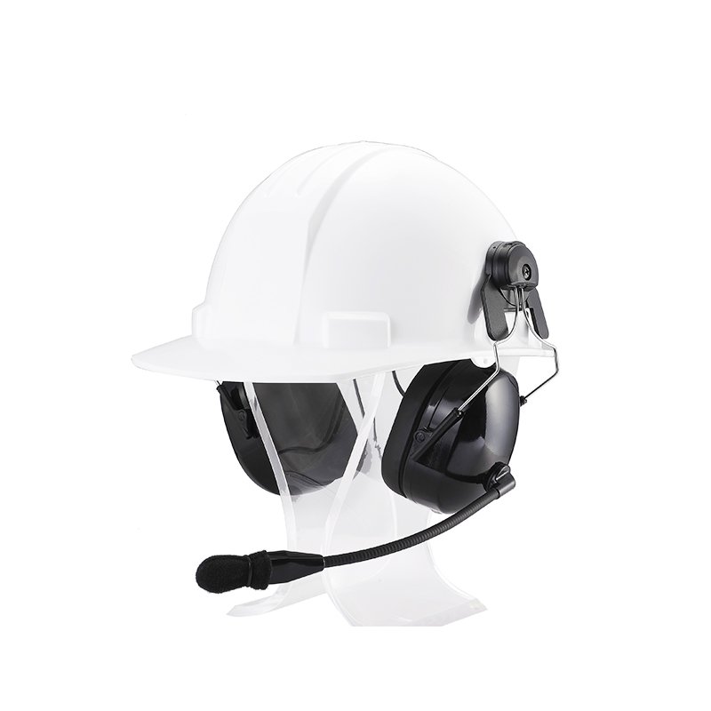 RAN-3100Q two way radio headphones designed for helmet mounting, featuring cushioned ear cups and a flexible boom microphone, without a traditional headband