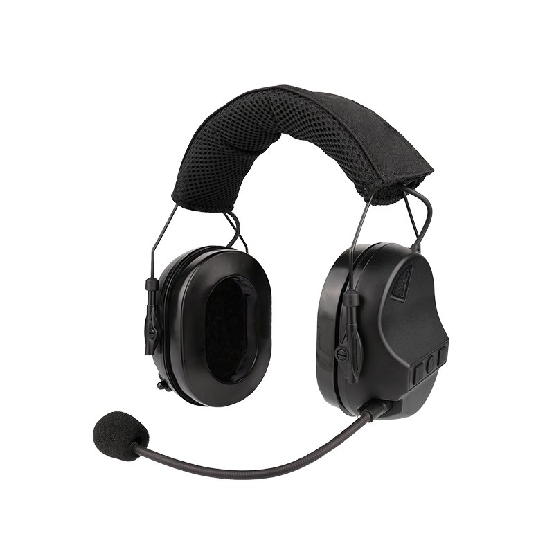 Front view of RE10 tactical headset with camouflage padding for military training