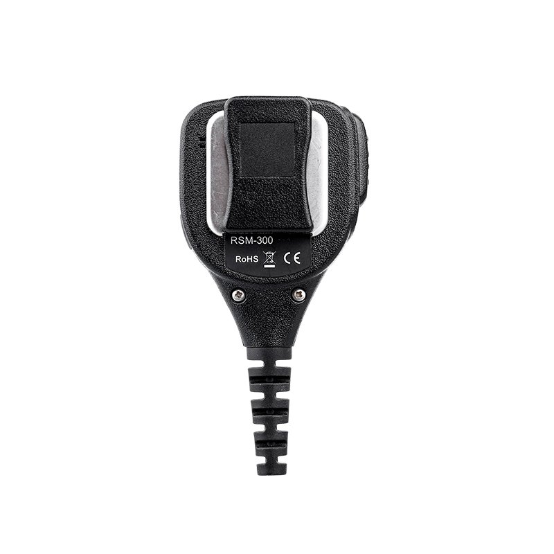 Microphone RSM-300 pour Motorola Back view of the RSM-300 hand microphone for Motorola, featuring a rotatable clip for secure attachment