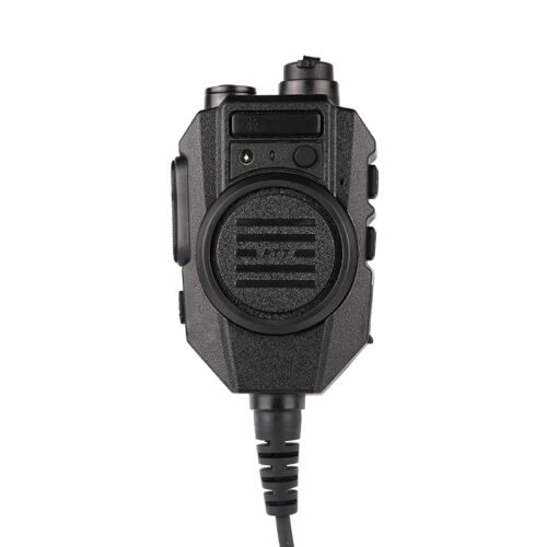 Front view of the IP67 rated RSM-600 two-way radio speaker mic showing the high-output speaker, large round PTT button, and front microphone