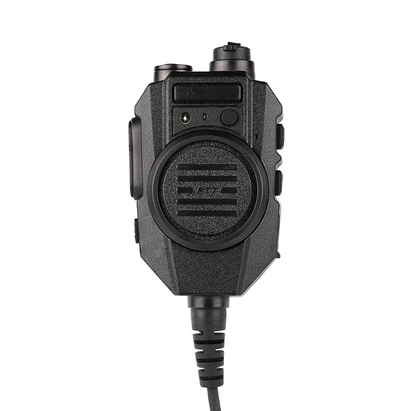 Front view of the IP67 rated RSM-600 two-way radio speaker mic showing the high-output speaker, large round PTT button, and front microphone