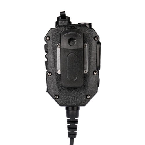 Back view of the RSM-600/CC 2 way radio speaker mic featuring an optional clothing clip