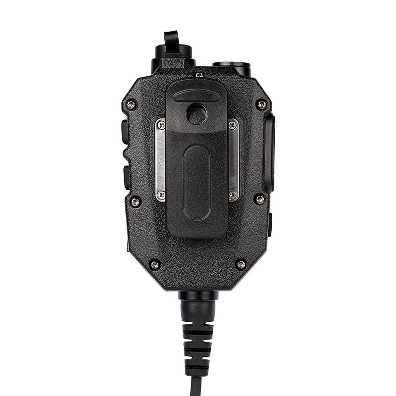 Back view of the RSM-600/CC 2 way radio speaker mic featuring an optional clothing clip