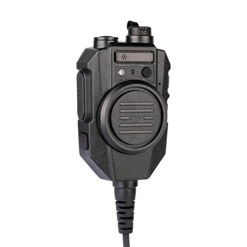 RSM-600 2 way radio speaker mic showing both side and front views with dual convenient PTT buttons