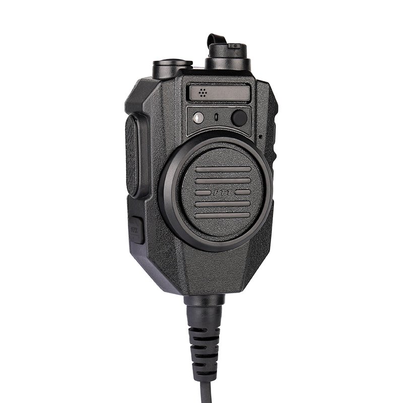 RSM-600 2 way radio speaker mic showing both side and front views with dual convenient PTT buttons