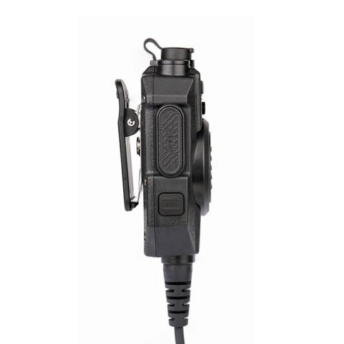 Side view of the RSM-600 waterproof shoulder microphone showing the talk button for hands-free operation