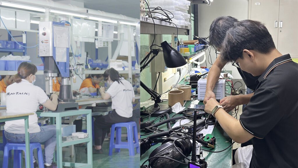 R&D engineers testing headsets, factory producing high quality communication accessories.